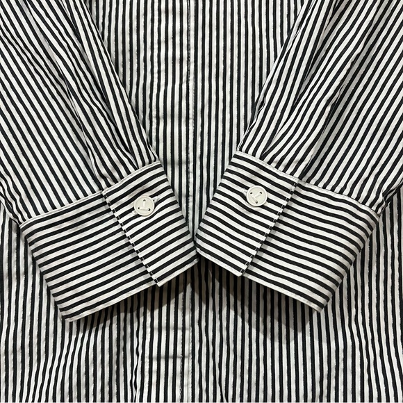 Lafayette 148 Ruxton Stripe Cotton Poplin Button Shirt Castle Grey Silver Medium - Picture 5 of 8